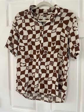 EARTHBOUND Brown and Cream Checkerboard Shirt with Playful Motifs- Groovy-   M